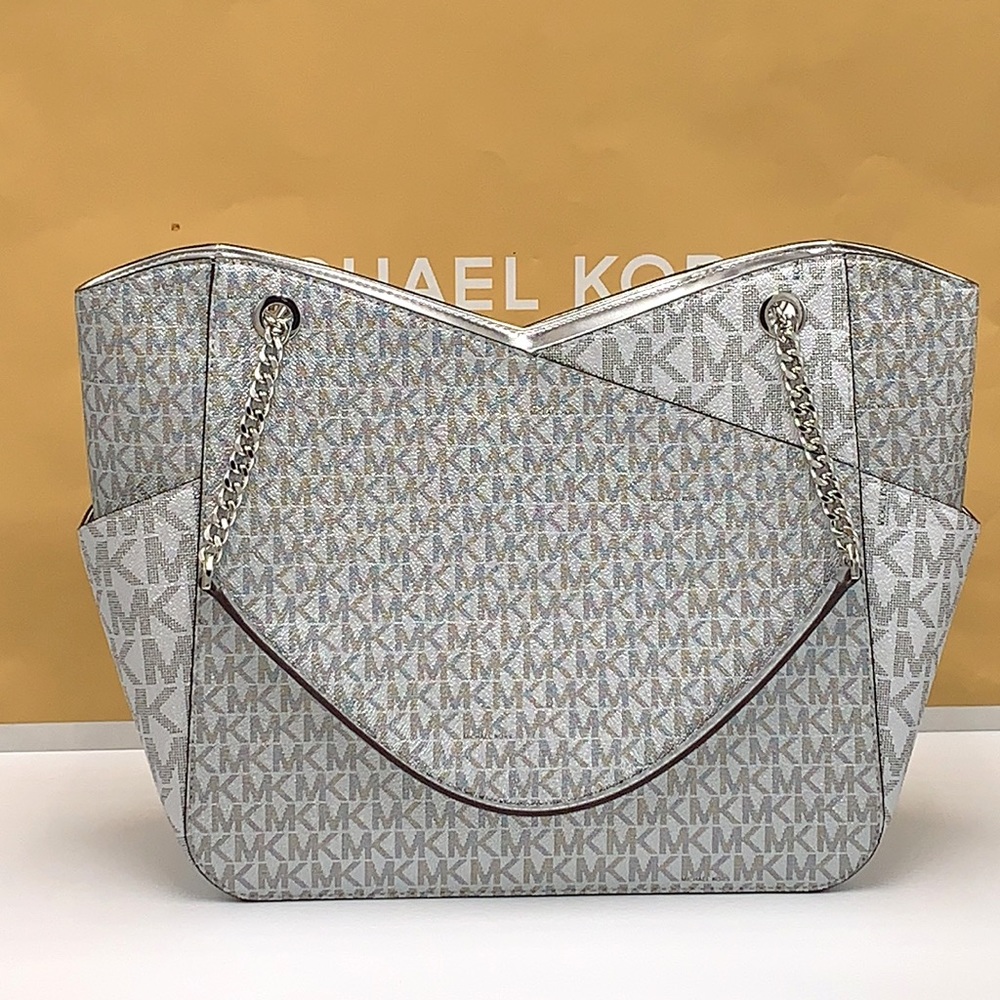 MICHAEL KORS JET SET LARGE X CHAIN SHOULDER TOTE SILVER SIGNATURE COLOR - Picture 10 of 16